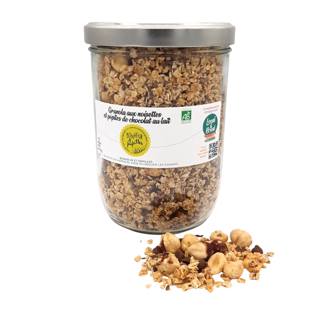 Bonheur et Papilles - Granola aux noisettes et pépites de chocolat au lait BIO - 400g